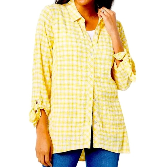 Susan Graver Tops - New Susan Graver Yarn Dyed Button Front Yellow Plaid Shirt A479195 Size S